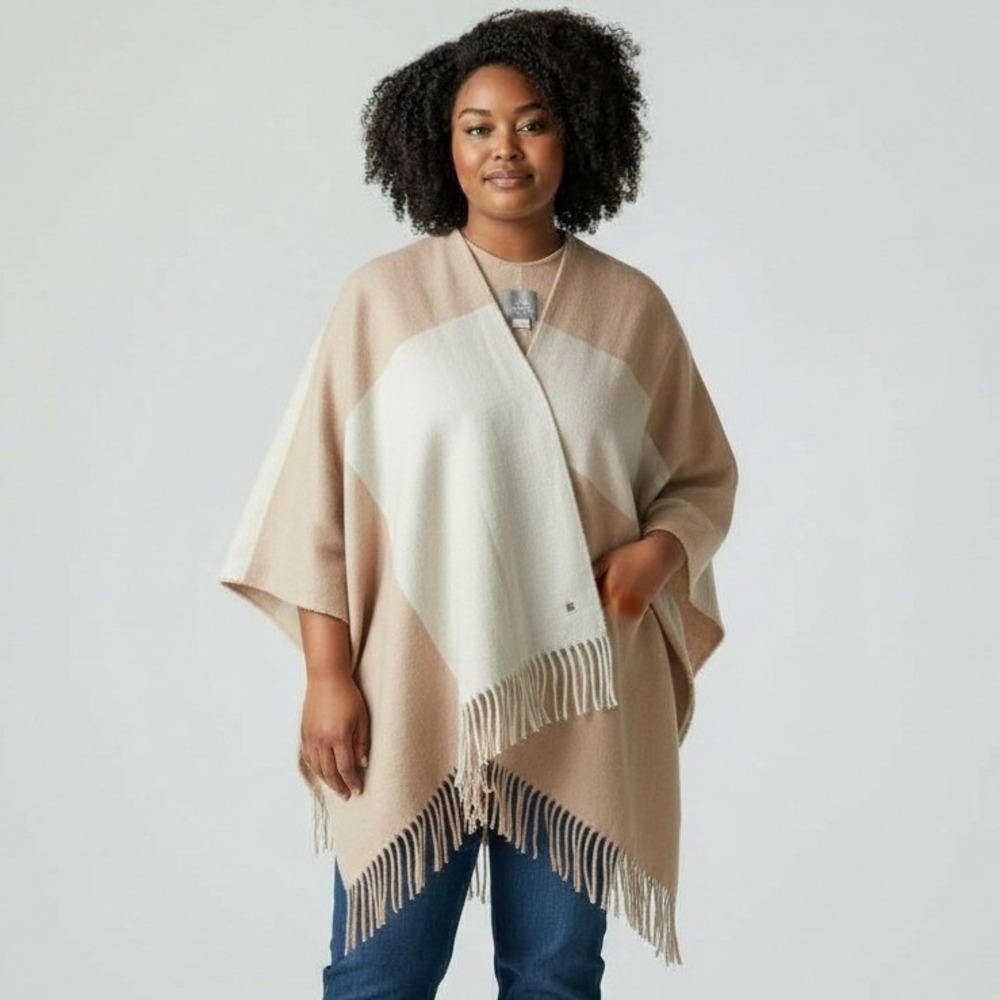 Soia & Kyo Cape Wrap Shawl Women OS Beige Striped Fringe Western Boho Cabincore‎